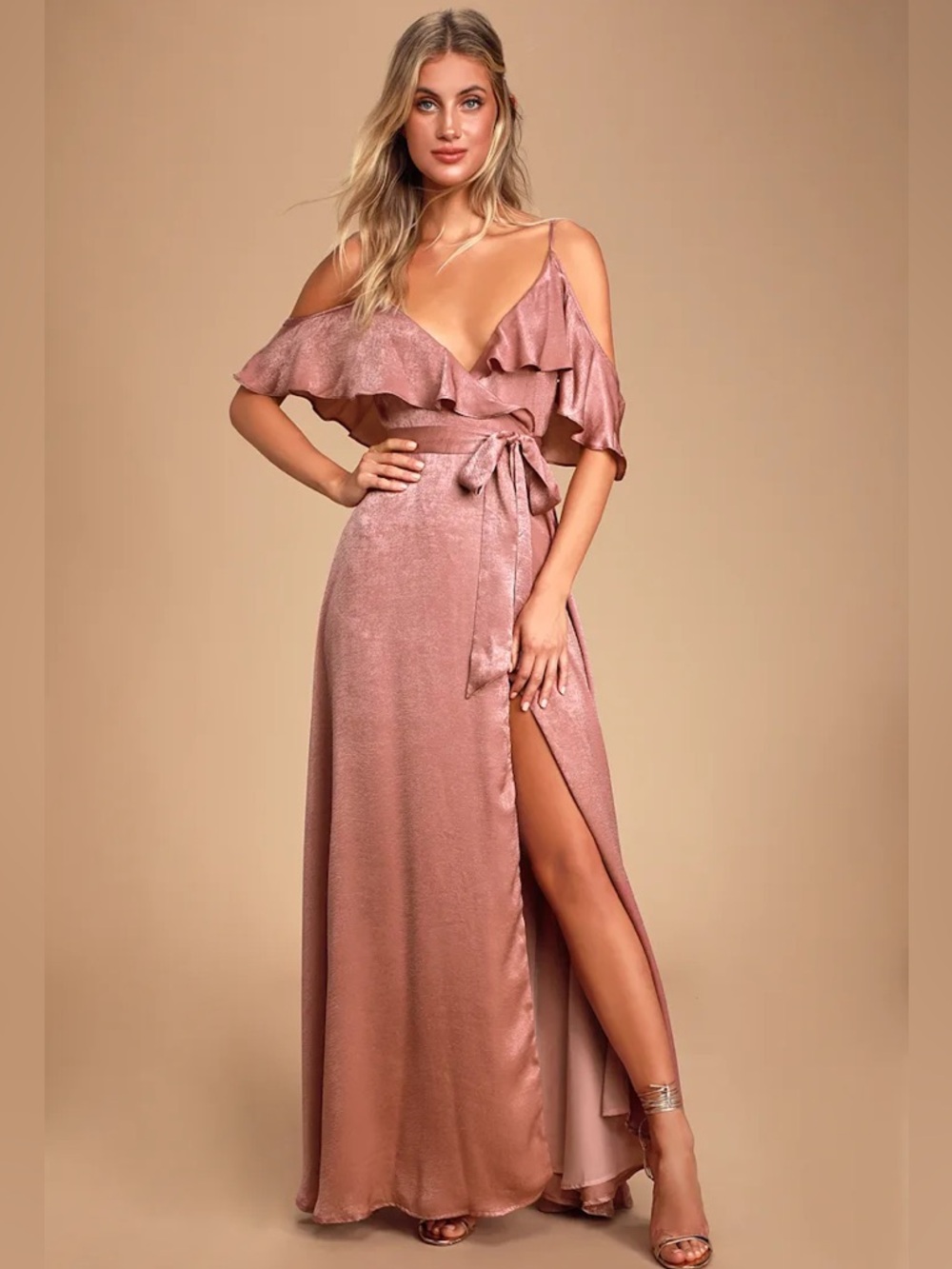 NWT Lulus Rose Gold Ruffle Wrap Maxi Dress